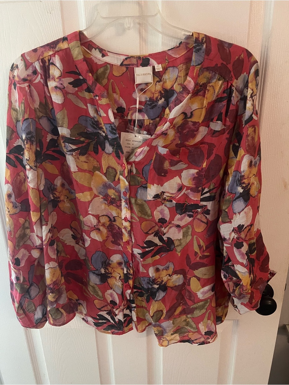 Zac & Rachel Red Floral V-Neck Button Blouse
